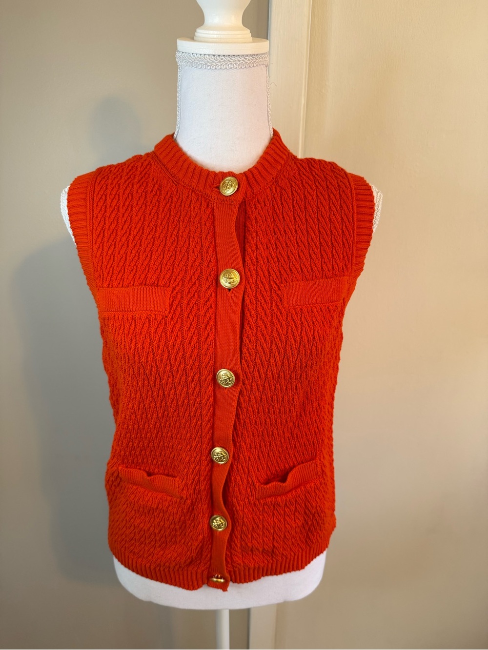 Free Assembly Orange Cable Knit Sweater Vest Gold Buttons M (8-10)